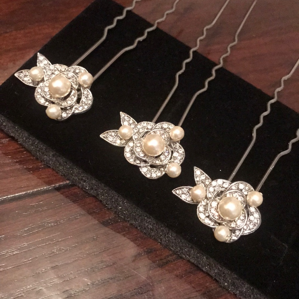 6 Wedding Hairpins - rose rhinestone with pearls